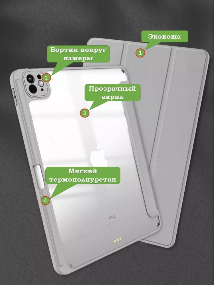Чехол с прозрачной задней крышкой для iPad Pro 11 (5th gen), 2024 (светло-серый), прозр. акрил