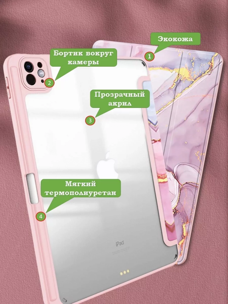 Чехол с прозрачной задней крышкой для iPad Pro 11 (5th gen), 2024 (розовый мрамор), прозр. акрил