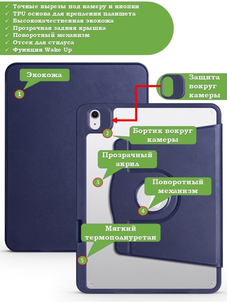 Поворотный чехол для iPad Air 11 (6th gen), 2024 (темно-синий), 360гр.