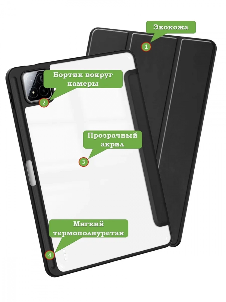 Чехол с прозрачной задней крышкой для Xiaomi Pad 7, Xiaomi Pad 7 Pro (черный), прозр. акрил Чехол с прозрачной задней крышкой для Xiaomi Pad 7, Xiaomi Pad 7 Pro (черный), прозр. акрил