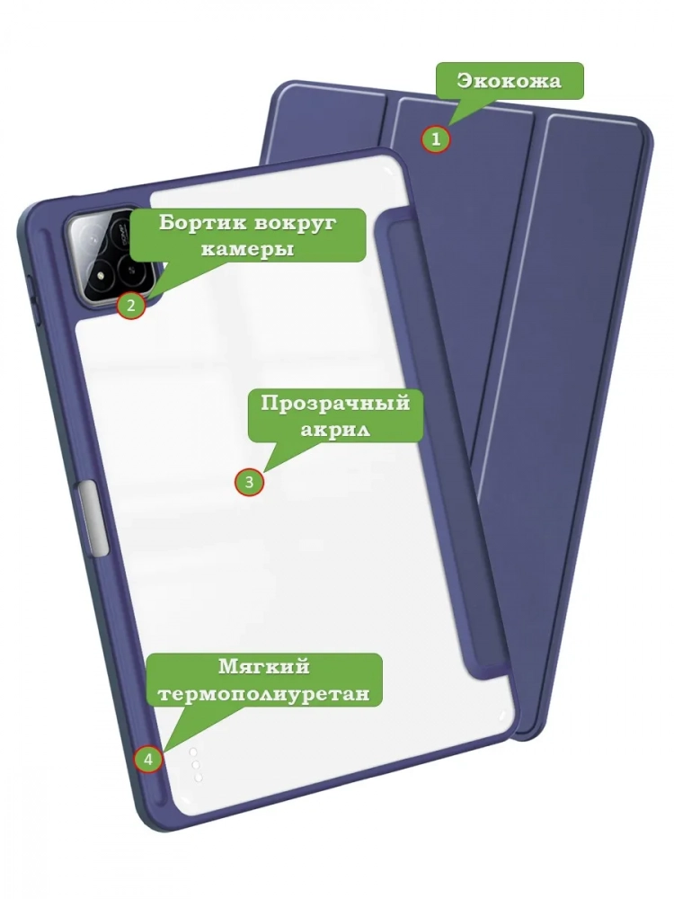 Чехол с прозрачной задней крышкой для Xiaomi Pad 7, Xiaomi Pad 7 Pro (темно-синий), прозр. акрил Чехол с прозрачной задней крышкой для Xiaomi Pad 7, Xiaomi Pad 7 Pro (темно-синий), прозр. акрил