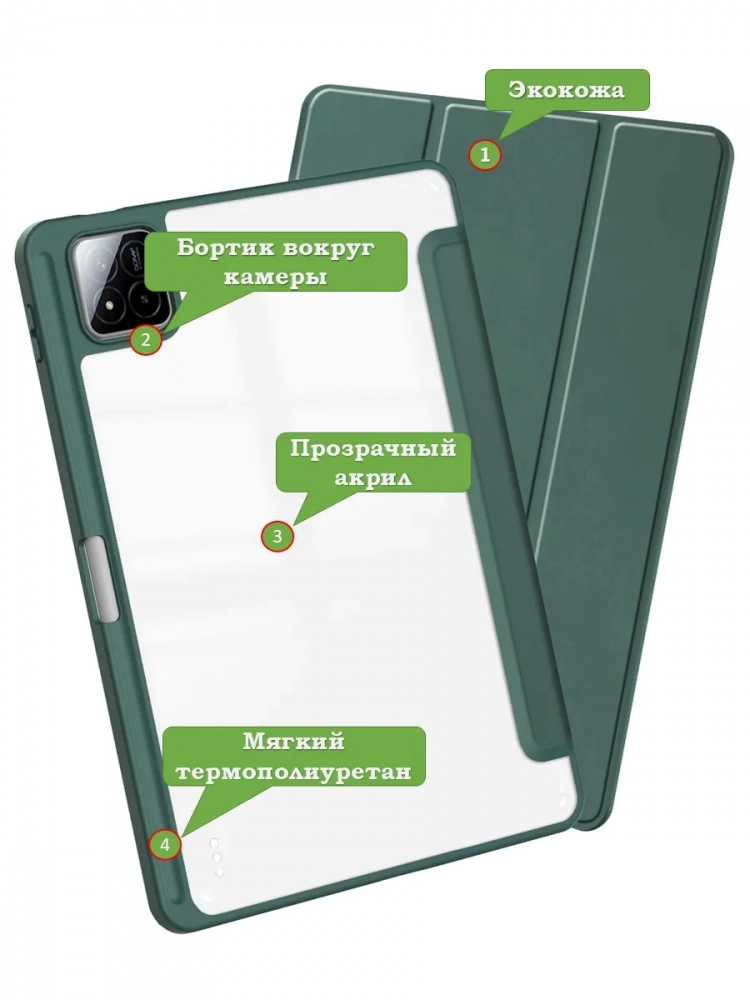 Чехол с прозрачной задней крышкой для Xiaomi Pad 7, Xiaomi Pad 7 Pro (темно-зеленый), прозр. акрил Чехол с прозрачной задней крышкой для Xiaomi Pad 7, Xiaomi Pad 7 Pro (темно-зеленый), прозр. акрил
