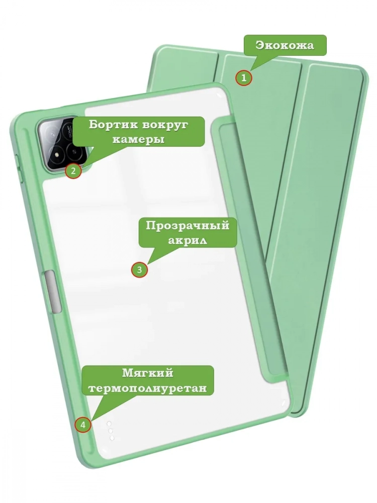 Чехол с прозрачной задней крышкой для Xiaomi Pad 7, Xiaomi Pad 7 Pro (салатовый), прозр. акрил Чехол с прозрачной задней крышкой для Xiaomi Pad 7, Xiaomi Pad 7 Pro (салатовый), прозр. акрил