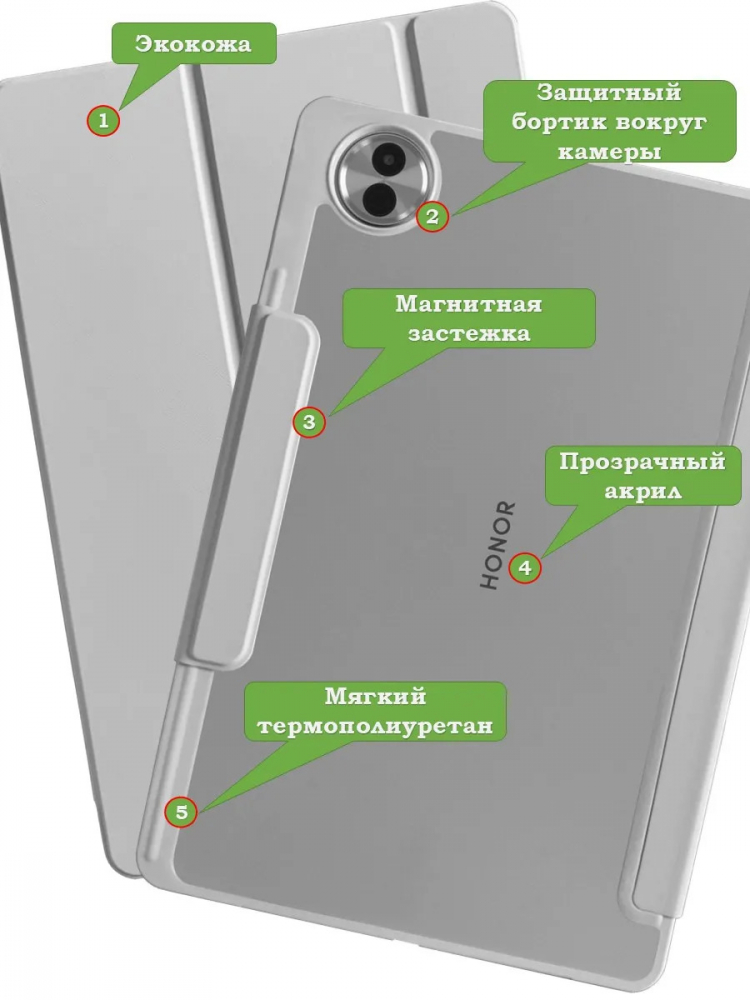 Чехол с прозрачной задней крышкой для Honor Pad 10 (светло-серый), прозр. акрил