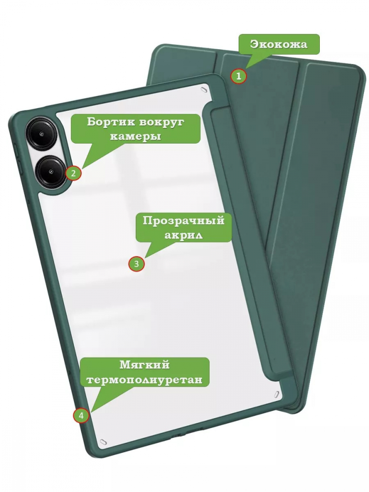Чехол с прозрачной задней крышкой для Xiaomi Redmi Pad Pro, POCO Pad (т.зеленый), прозр. акрил