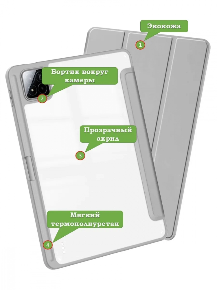 Чехол с прозрачной задней крышкой для Xiaomi Pad 7, Xiaomi Pad 7 Pro (светло-серый), прозр. акрил Чехол с прозрачной задней крышкой для Xiaomi Pad 7, Xiaomi Pad 7 Pro (светло-серый), прозр. акрил