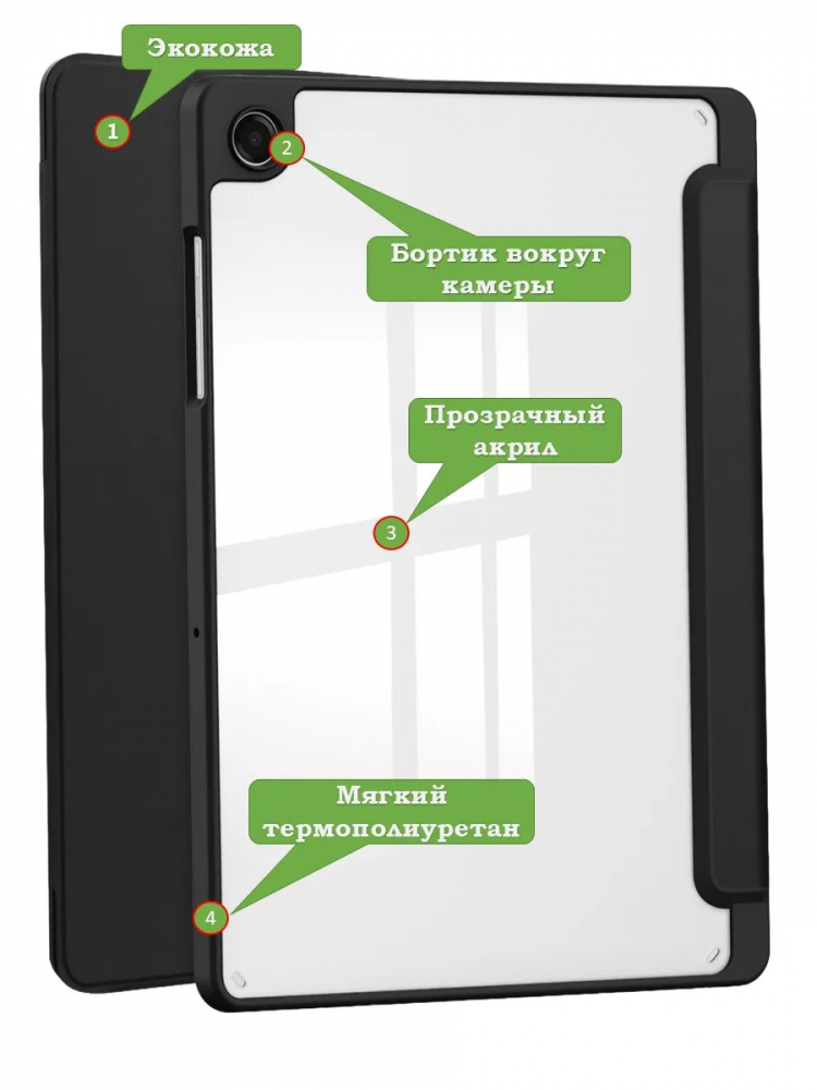 Чехол с прозрачной задней крышкой для Tab A11+ (А11 Plus+) (черный), прозр. акрил
