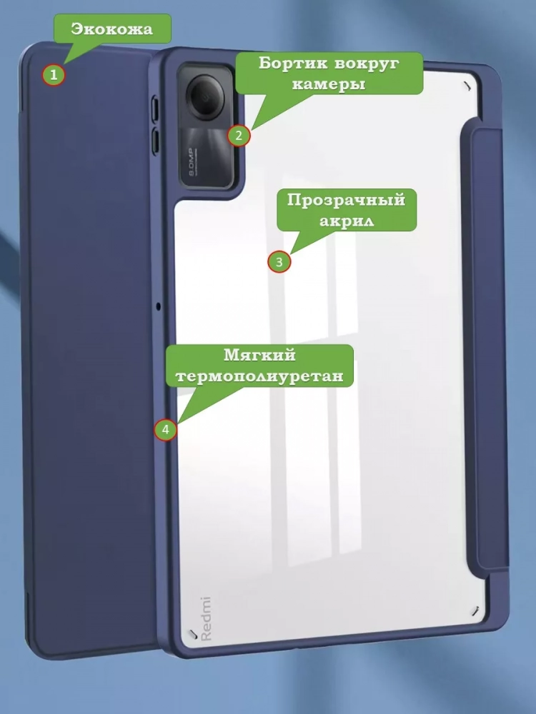 Чехол с прозрачной задней крышкой для Xiaomi Redmi Pad 10,61 (темно-синий), прозр. акрил