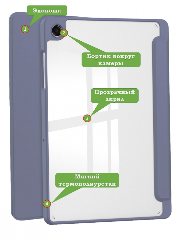 Чехол с прозрачной задней крышкой для Tab A11+ (А11 Plus+) (фиолетовый), прозр. акрил