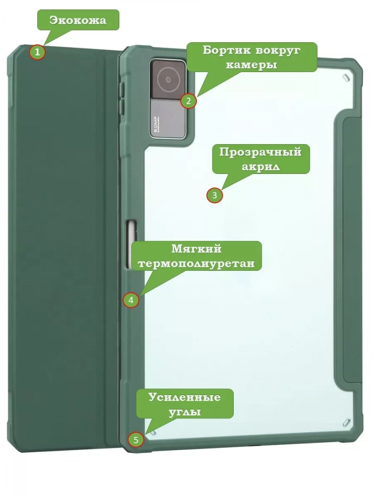 Чехол с прозрачной задней крышкой для Xiaomi Redmi Pad 10,61 (темно-зеленый), прозр. акрил