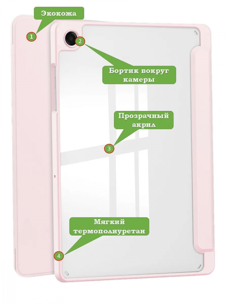 Чехол с прозрачной задней крышкой для Tab A11+ (А11 Plus+) (розовый), прозр. акрил