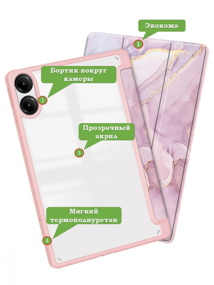 Чехол с прозрачной задней крышкой для Xiaomi Redmi Pad Pro, POCO Pad (розовый мрамор), прозр. акрил