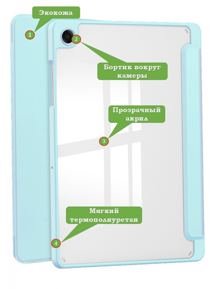 Чехол с прозрачной задней крышкой для Tab A11+ (А11 Plus+) (голубой), прозр. акрил