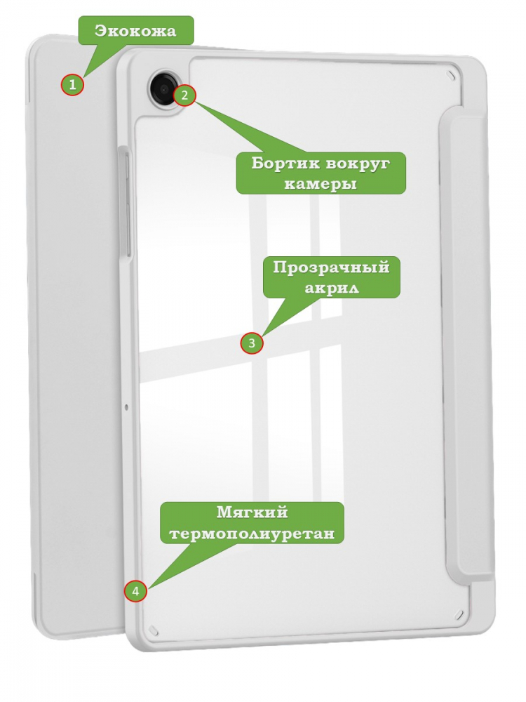 Чехол с прозрачной задней крышкой для Tab A11+ (А11 Plus+) (светло-серый), прозр. акрил