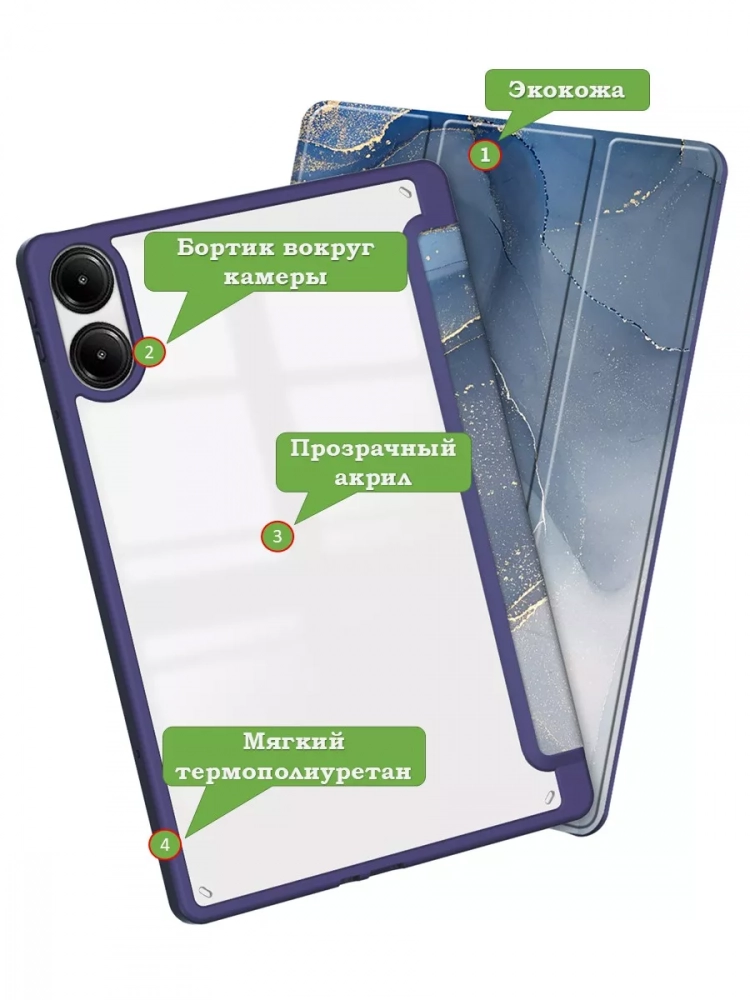 Чехол с прозрачной задней крышкой для Xiaomi Redmi Pad Pro, POCO Pad (синий мрамор), прозр. акрил