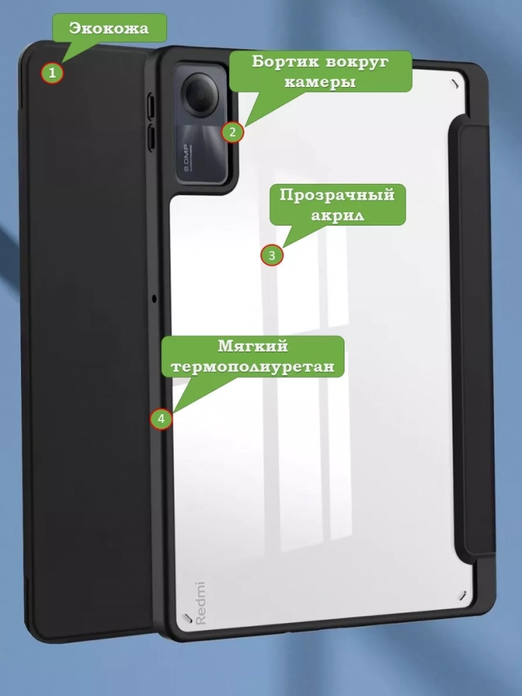 Чехол с прозрачной задней крышкой для Xiaomi Redmi Pad SE (черный), прозр. акрил