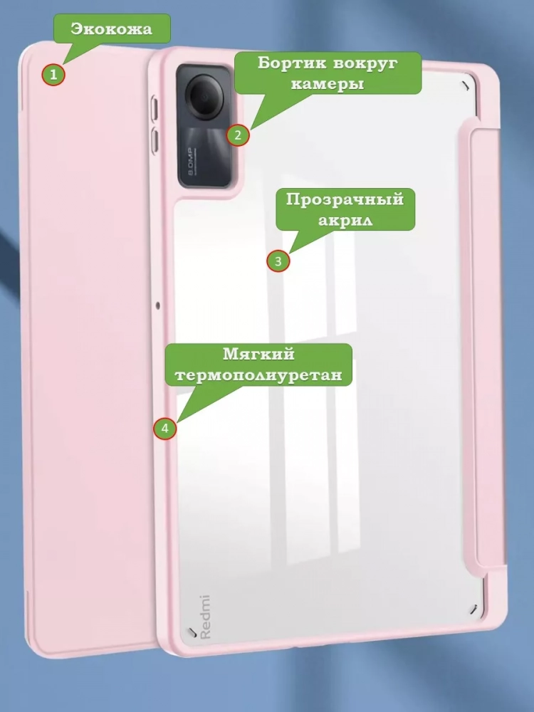 Чехол с прозрачной задней крышкой для Xiaomi Redmi Pad SE (розовый), прозр. акрил