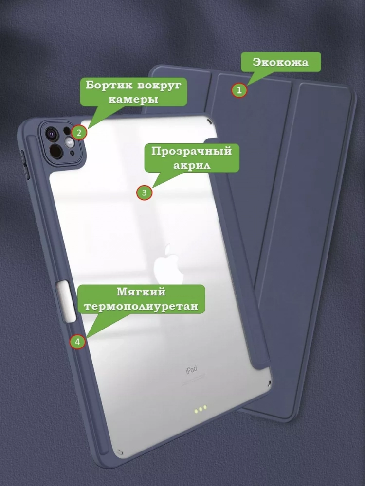 Чехол с прозрачной задней крышкой для iPad Pro 13 (7th gen), 2024 (темно-синий), прозр. акрил