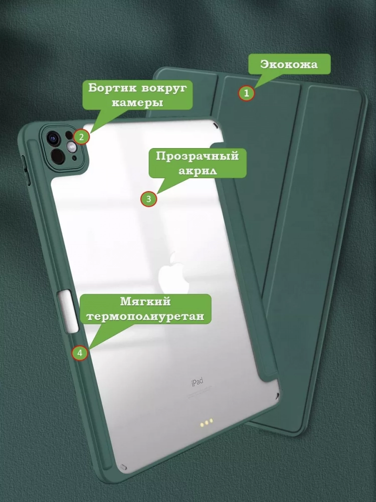 Чехол с прозрачной задней крышкой для iPad Pro 13 (7th gen), 2024 (темно-зеленый), прозр. акрил