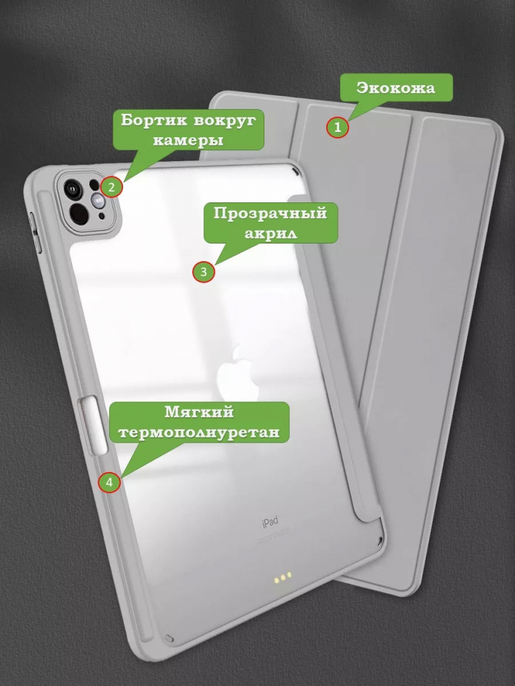 Чехол с прозрачной задней крышкой для iPad Pro 13 (7th gen), 2024 (светло-серый), прозр. акрил