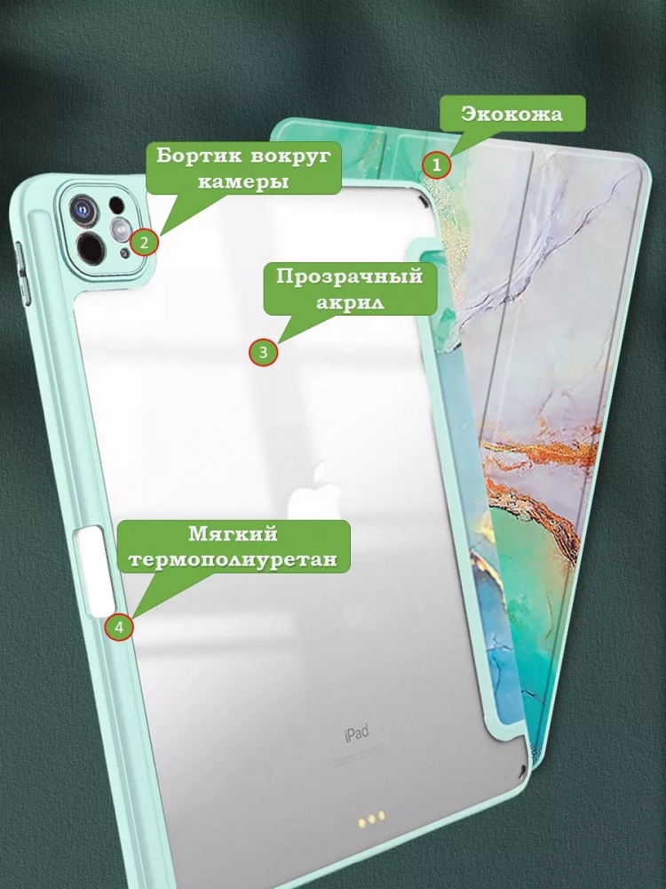 Чехол с прозрачной задней крышкой для iPad Pro 13 (7th gen), 2024 (зеленый мрамор), прозр. акрил