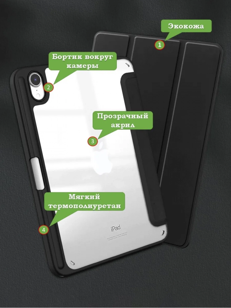Чехол с прозрачной задней крышкой для iPad mini 6, mini 7 (черный), прозр. акрил