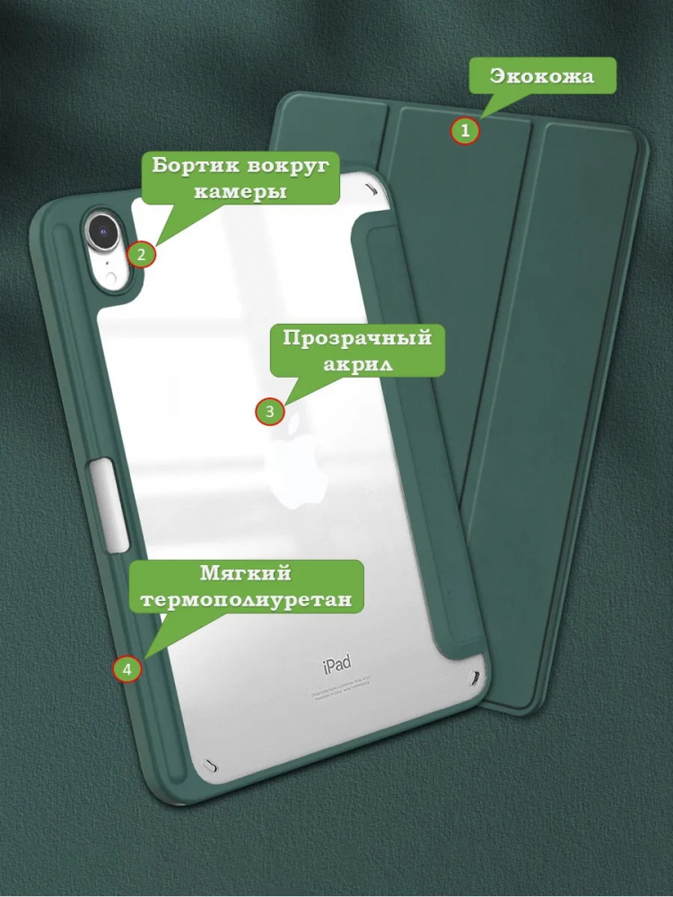 Чехол с прозрачной задней крышкой для iPad mini 6, mini 7 (т.зеленый), прозр. акрил