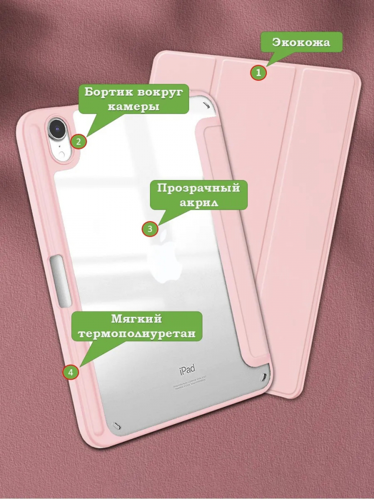 Чехол с прозрачной задней крышкой для iPad mini 6, mini 7 (розовый), прозр. акрил