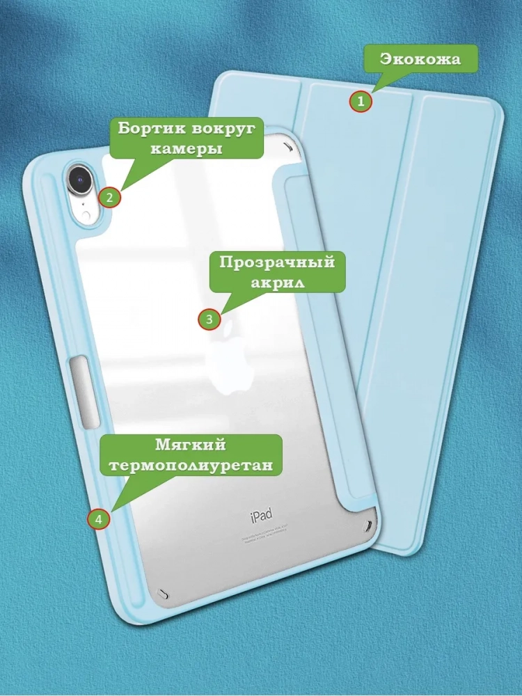 Чехол с прозрачной задней крышкой для iPad mini 6, mini 7 (голубой), прозр. акрил