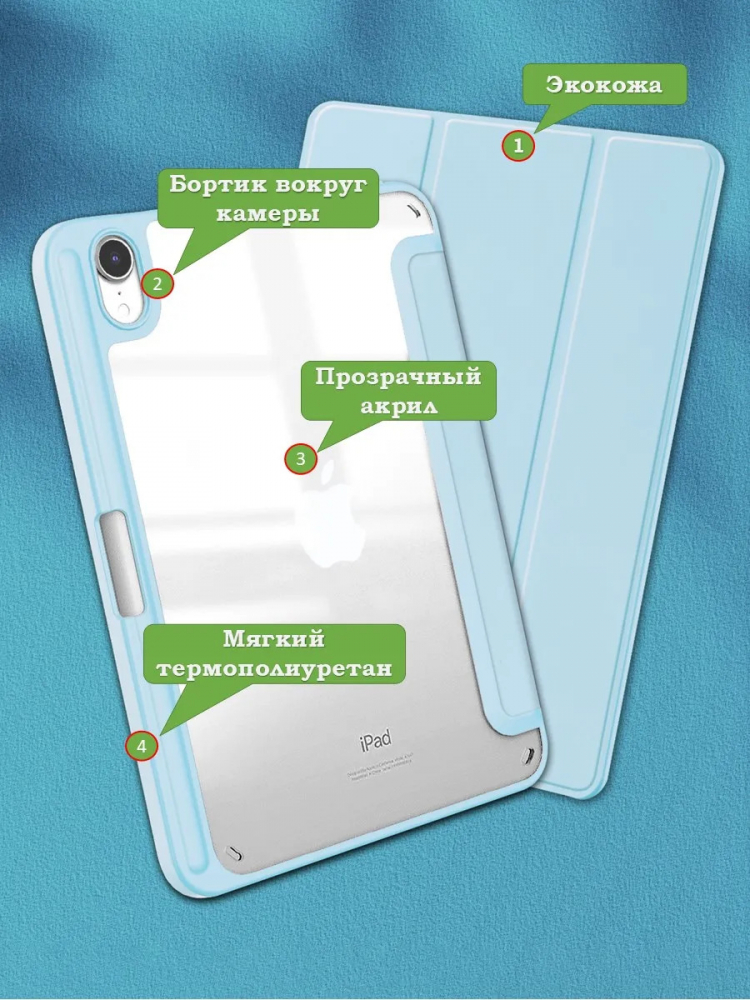 Чехол с прозрачной задней крышкой для iPad mini 6, mini 7 (голубой), прозр. акрил