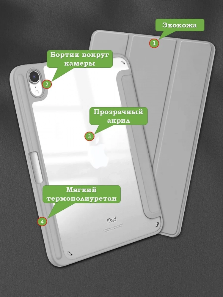 Чехол с прозрачной задней крышкой для iPad mini 6, mini 7 (светло-серый), прозр. акрил