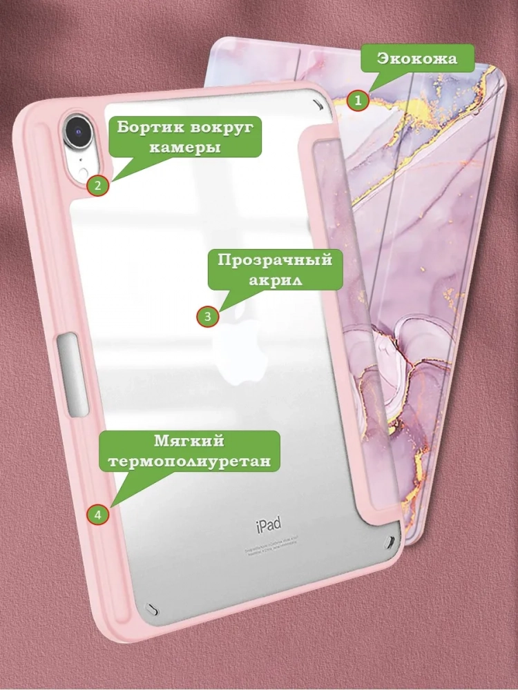 Чехол с прозрачной задней крышкой для iPad mini 6, mini 7 (розовый мрамор), прозр. акрил