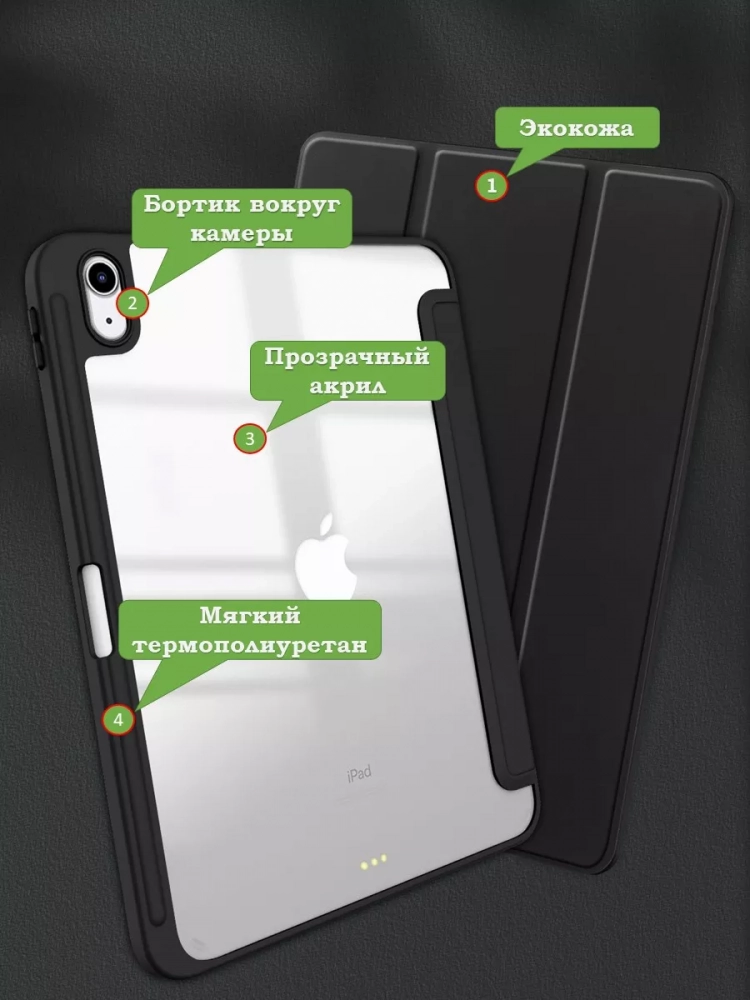 Чехол с прозрачной задней крышкой для iPad 10.9 2022 10th gen (черный), прозр. акрил