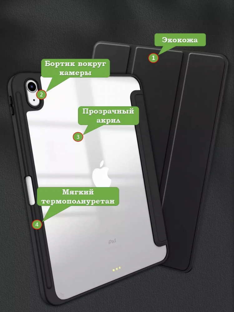 Чехол с прозрачной задней крышкой для iPad 10.9 2022 10th gen (черный), прозр. акрил