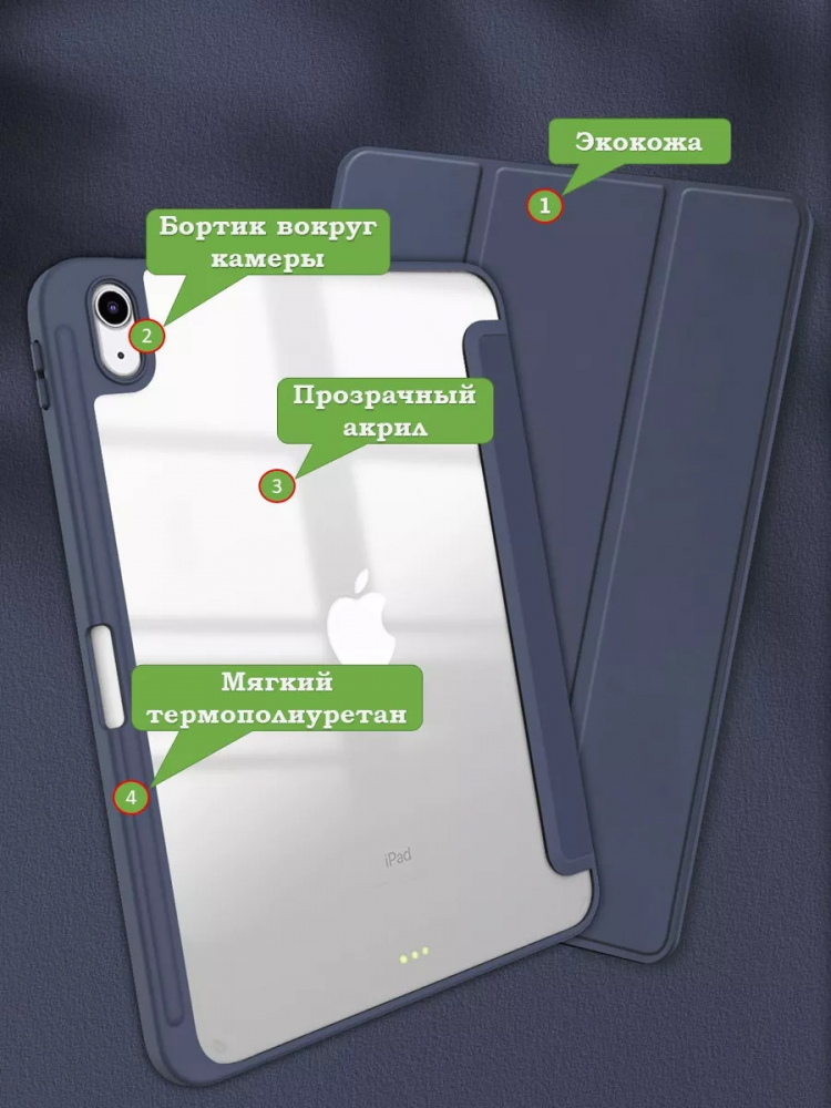 Чехол с прозрачной задней крышкой для iPad 10.9 2022 10th gen (темно-синий), прозр. акрил