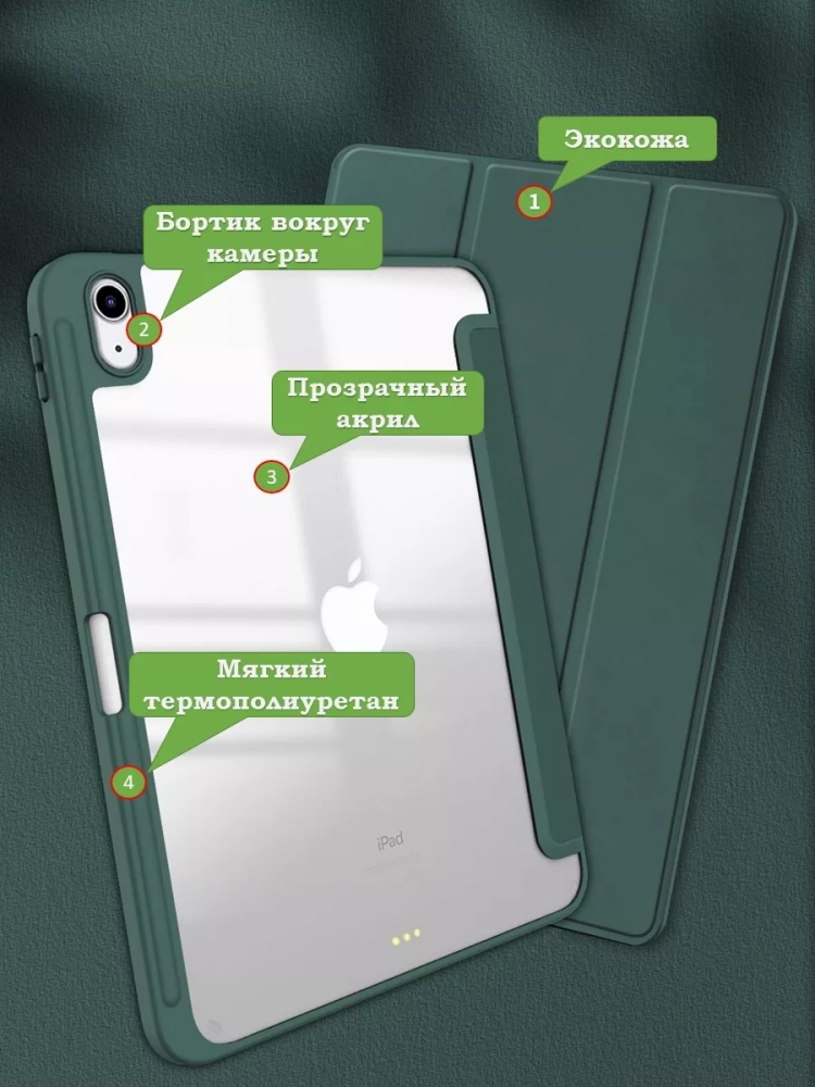 Чехол с прозрачной задней крышкой для iPad 10.9 2022 10th gen (темно-зеленый), прозр. акрил