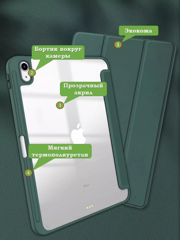 Чехол с прозрачной задней крышкой для iPad 10.9 2022 10th gen (т.зеленый), прозр. акрил