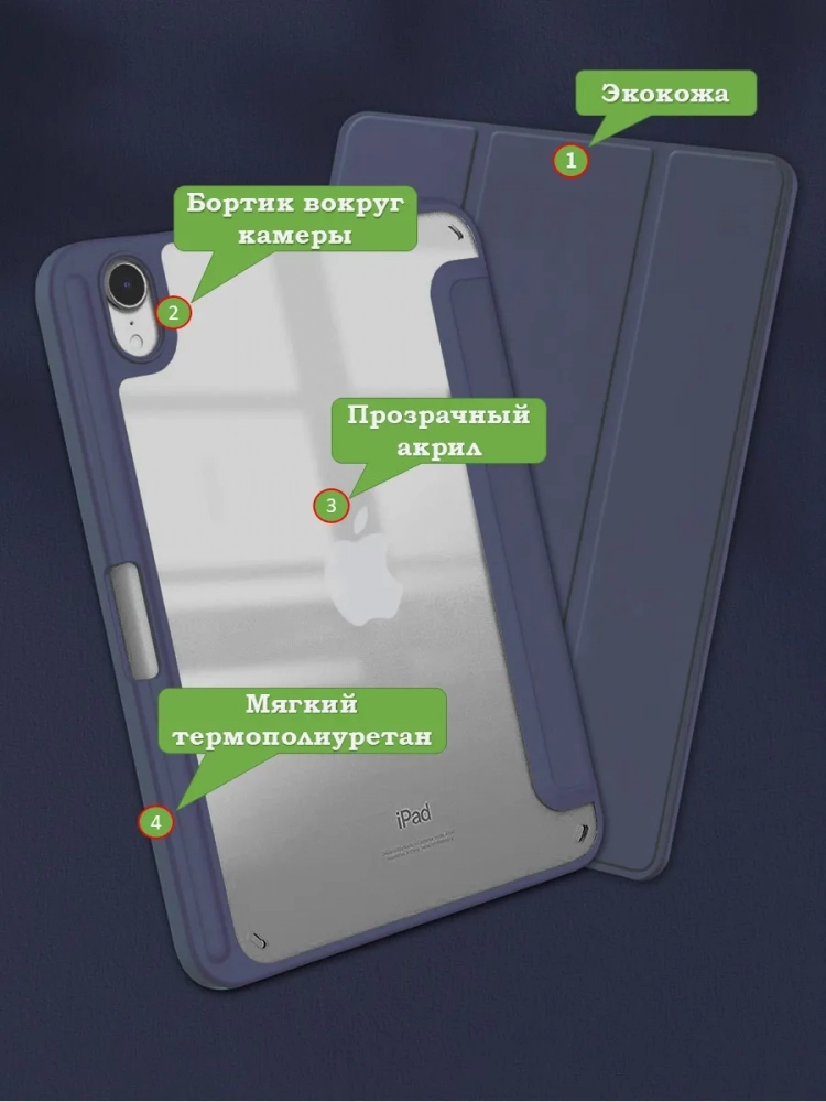 Чехол с прозрачной задней крышкой для iPad mini 6, mini 7 (темно-синий), прозр. акрил Чехол с прозрачной задней крышкой для iPad mini 6, mini 7 (темно-синий), прозр. акрил