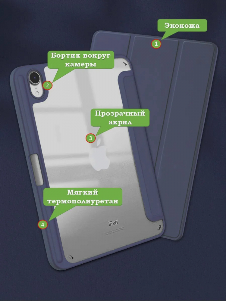 Чехол с прозрачной задней крышкой для iPad mini 6, mini 7 (темно-синий), прозр. акрил