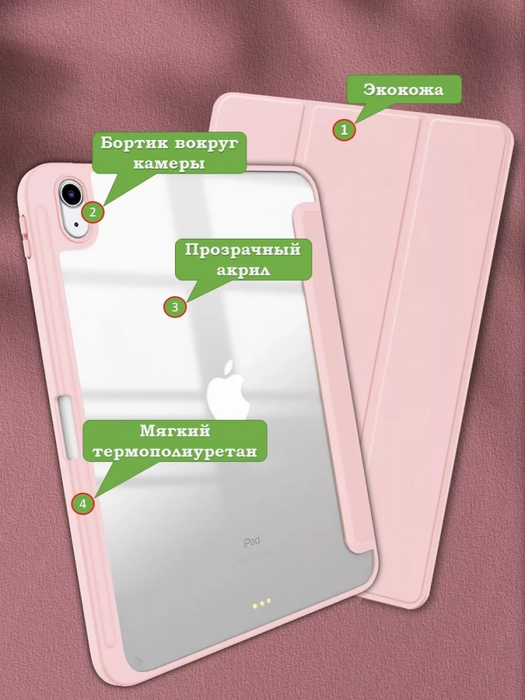 Чехол с прозрачной задней крышкой для iPad 10.9 2022 10th gen (розовый), прозр. акрил