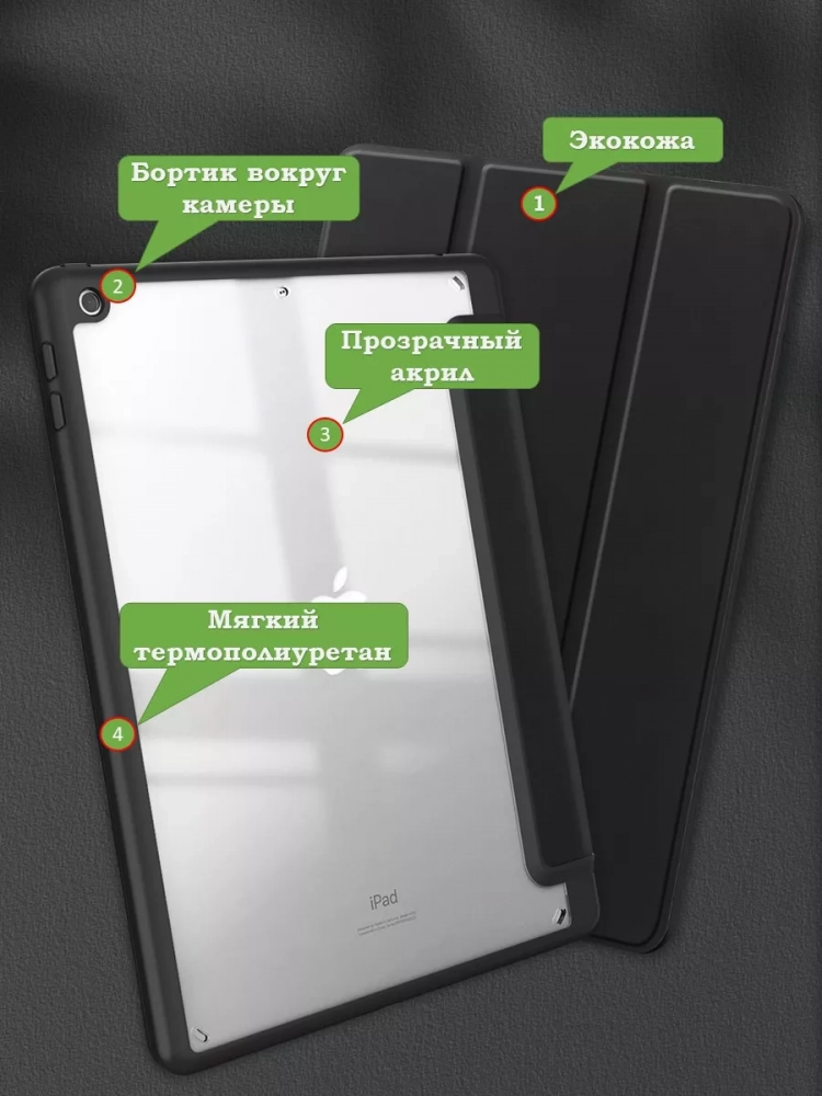 Чехол с прозрачной задней крышкой для iPad 10.2 (черный), прозр. акрил