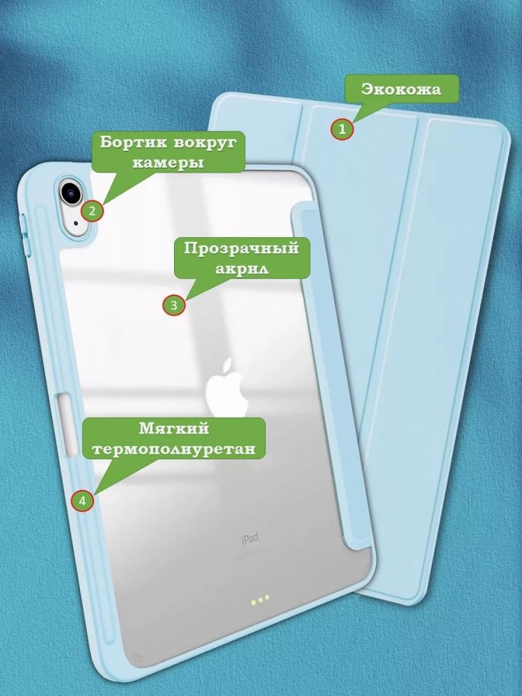 Чехол с прозрачной задней крышкой для iPad 10.9 2022 10th gen (голубой), прозр. акрил
