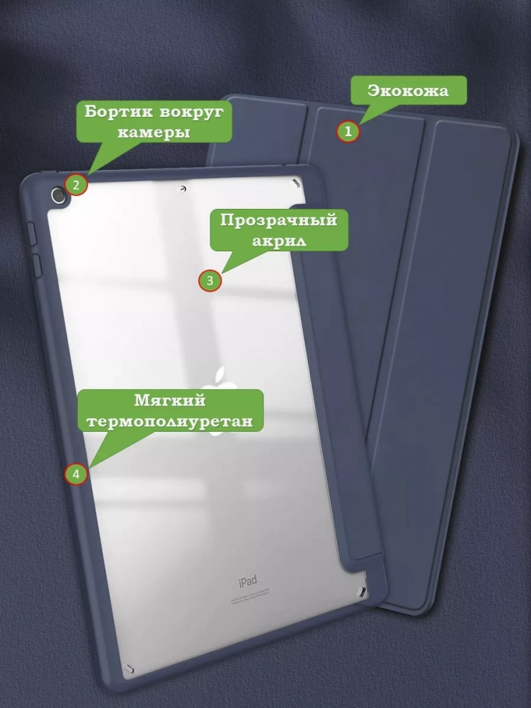 Чехол с прозрачной задней крышкой для iPad 10.2 (темно-синий), прозр. акрил