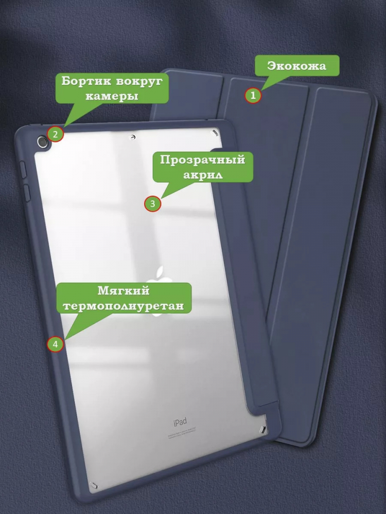 Чехол с прозрачной задней крышкой для iPad 10.2 (темно-синий), прозр. акрил