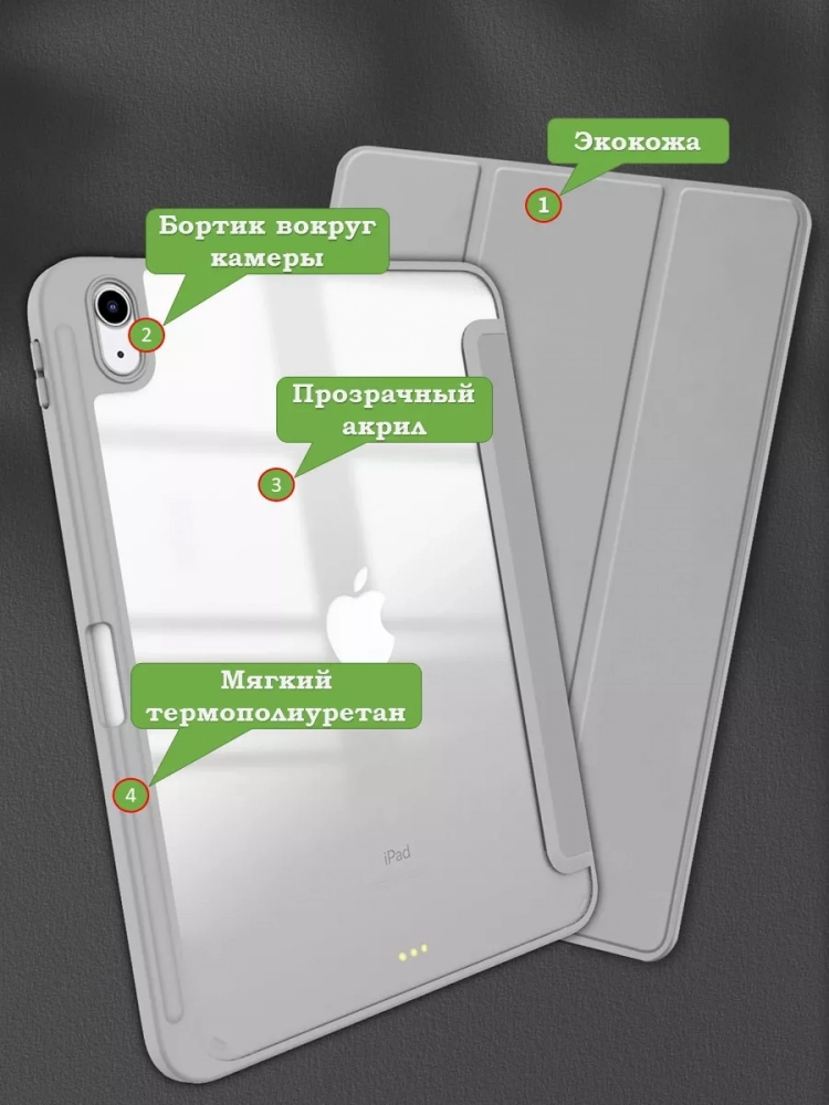 Чехол с прозрачной задней крышкой для iPad 10.9 2022 10th gen (светло-серый), прозр. акрил