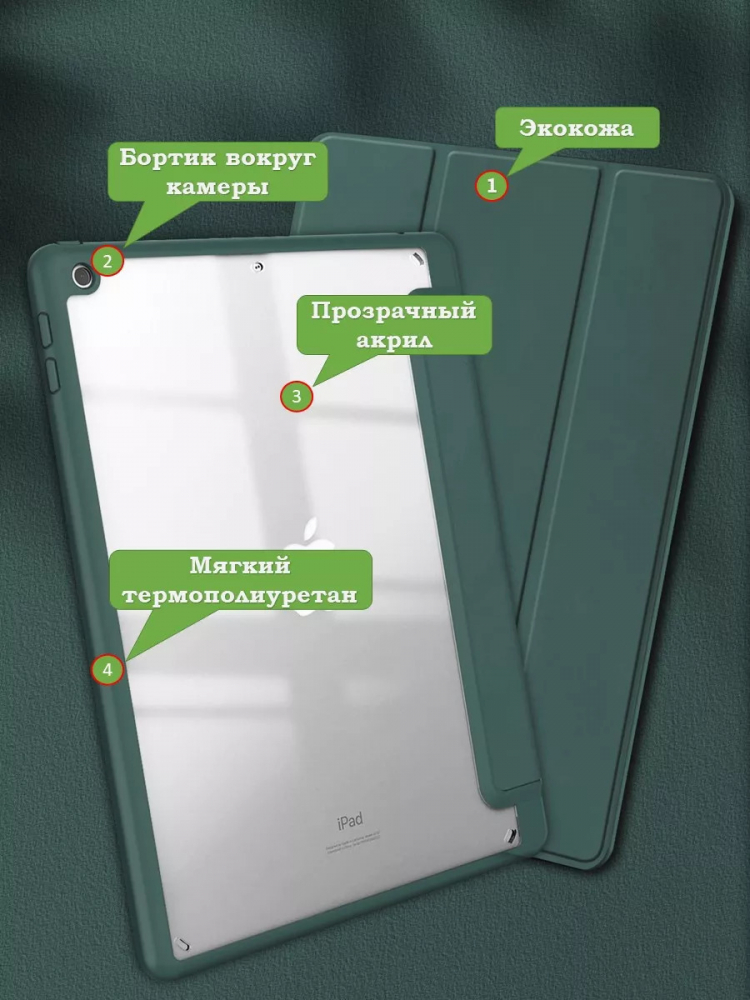 Чехол с прозрачной задней крышкой для iPad 10.2 (т.зеленый), прозр. акрил