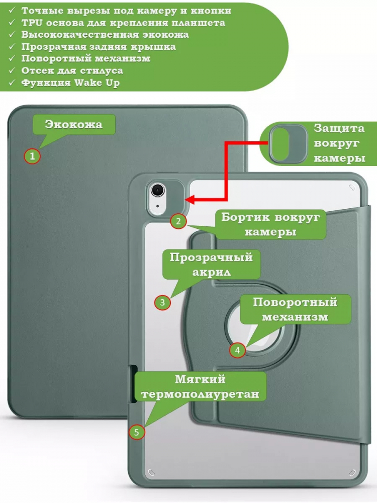Поворотный чехол для iPad Air 13 (2024) (т.зеленый), 360гр.