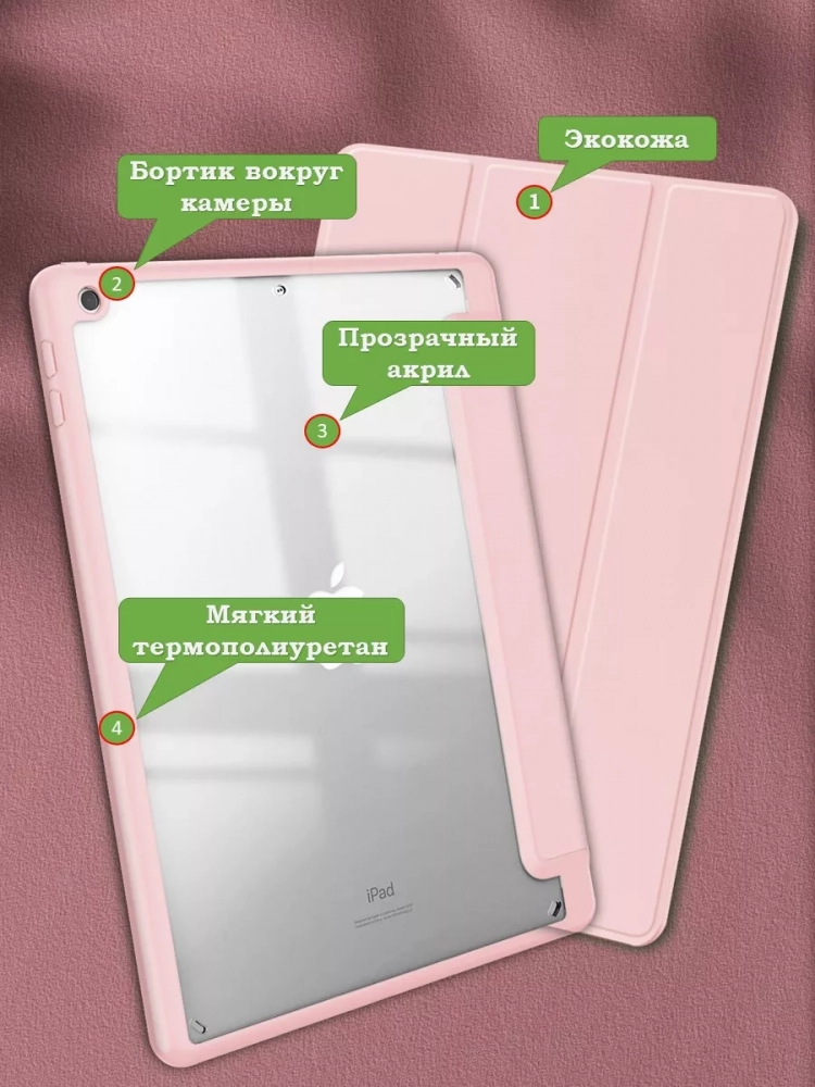 Чехол с прозрачной задней крышкой для iPad 10.2 (розовый), прозр. акрил