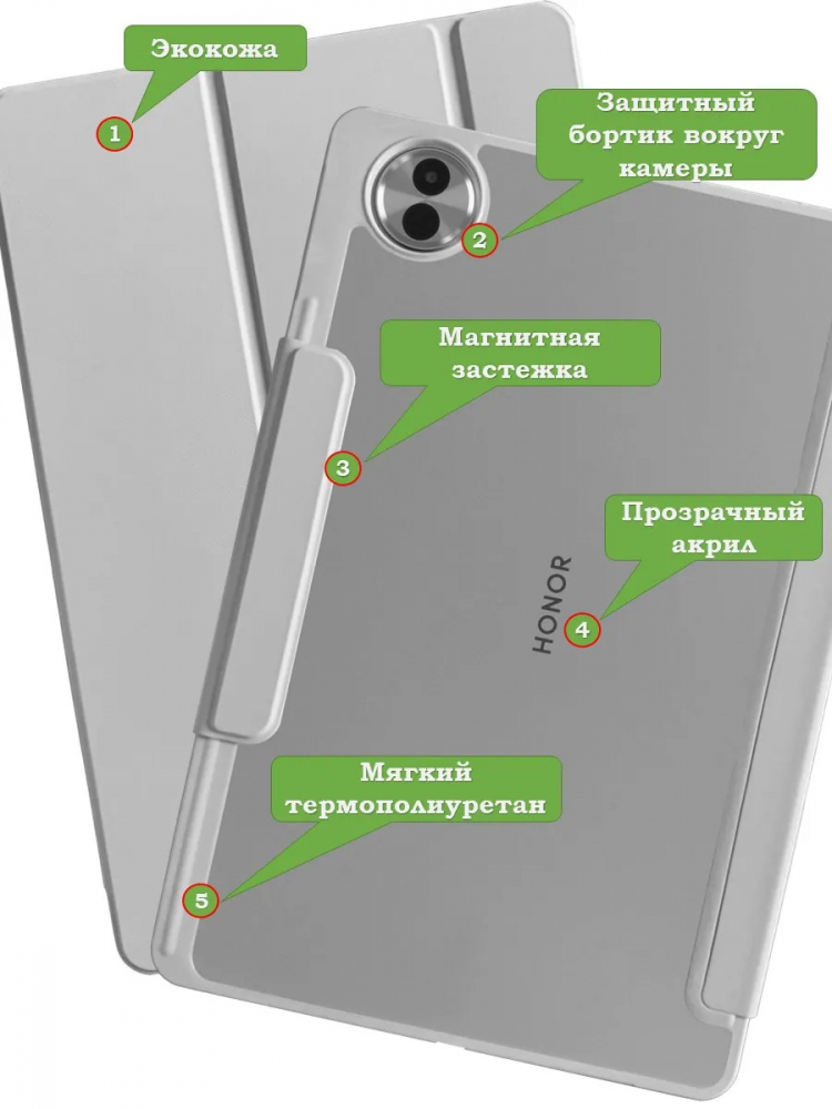 Чехол с прозрачной задней крышкой для Honor Pad 10, 20, 20 Pro (светло-серый), прозр. акрил