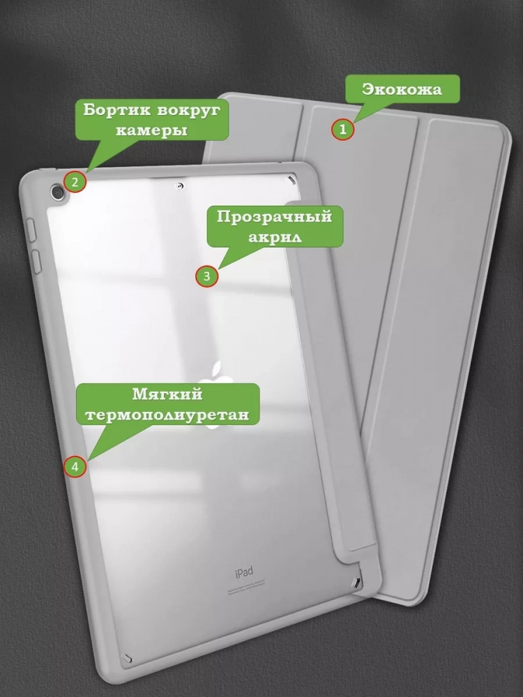 Чехол с прозрачной задней крышкой для iPad 10.2 (светло-серый), прозр. акрил